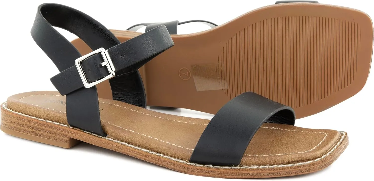 Calie 2 Strap Sandals for Women – Faux Leather Sandals Women’s Summer Shoes – Comfortable Flat Sandals