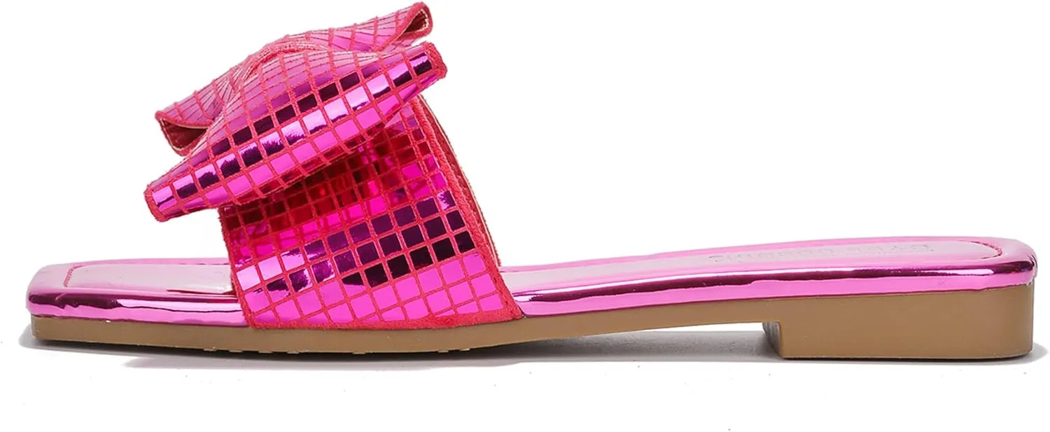 Cape Robbin Women's Slip-On Flat Sandals - Square Toe Disco Ball Metallic Design with Bow Tie - Summer Dressy Sandals (Botania) - Fuchsia Size 11