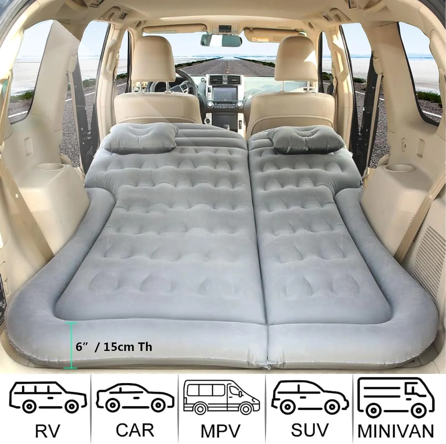 Car Air Mattress for Linco Aviator(6seats Without armrest) 2020-2024, Trunk Rear Seat Inflatable Thickened Flocking Travel Camping Bed, Air Pump 2 Pillows,Grey