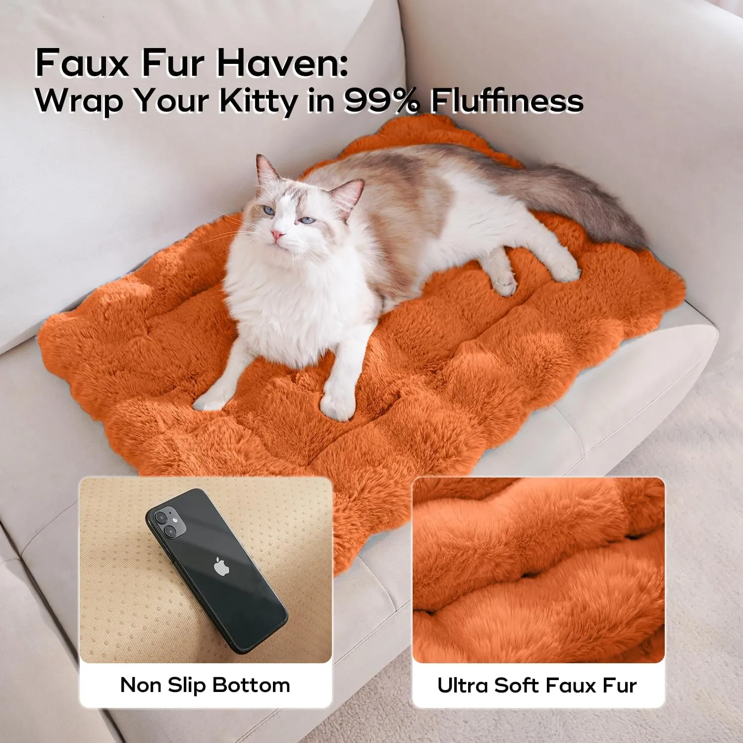 Cat Beds for Indoor Cats Faux Fur Pet Pad Mat Plush Kitten Bed with Non-Slip Bottom for Carriers/Couch Dog & Puppy Friendly 23 x 15 Inch Medium Orange