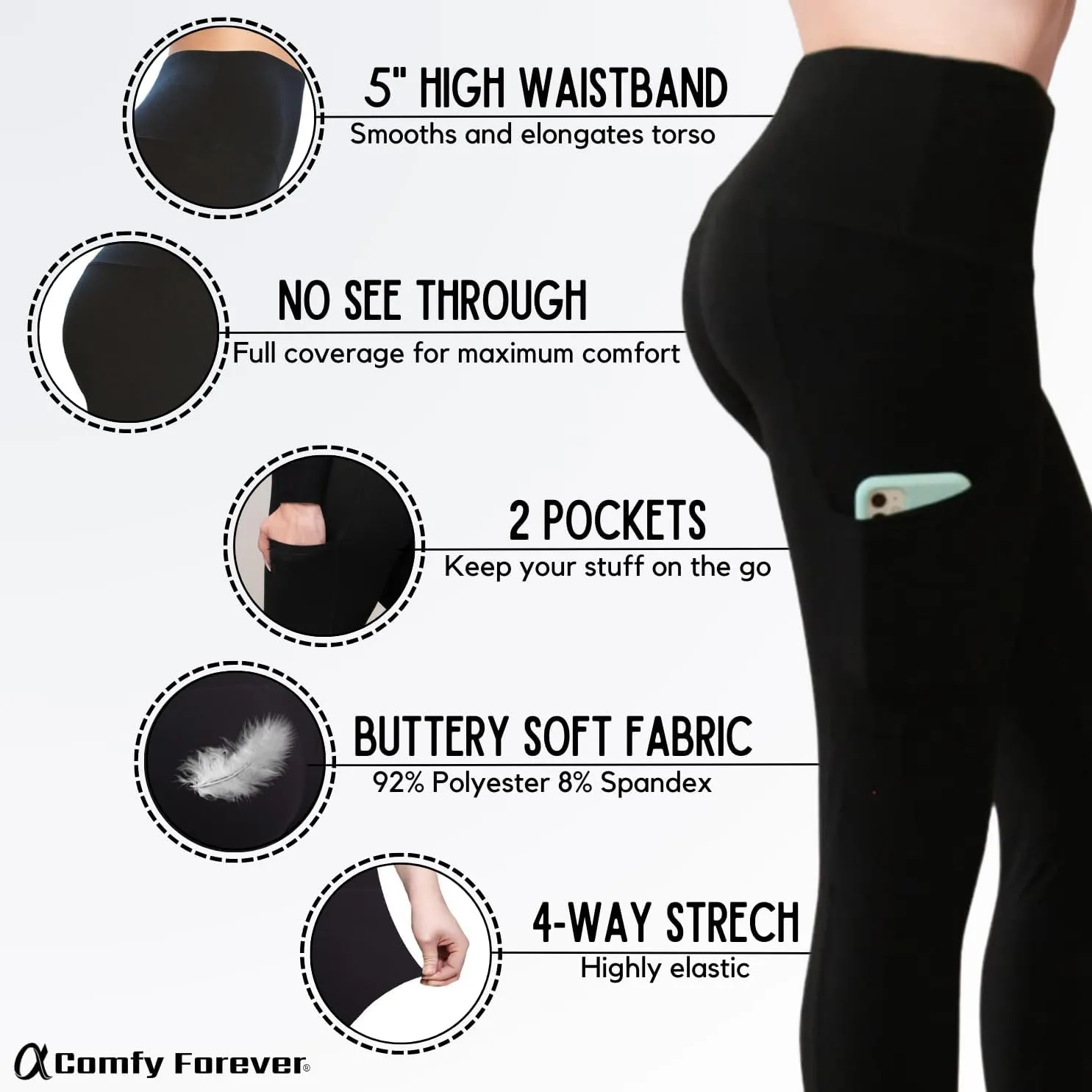 COMFY FOREVER Pocket Leggings for Women W/5' High Waist Tummy Control Ankle Length Pants