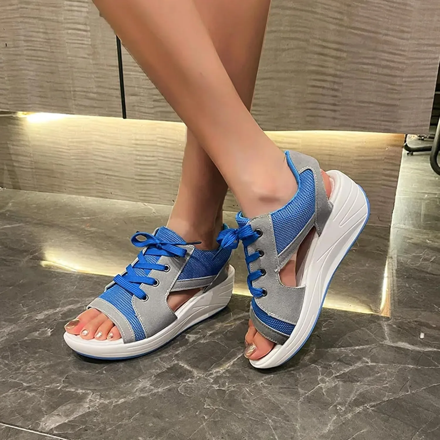 Contrast Paneled Cutout Lace-up Muffin Sandals for Women Open Toe Summer Slip On Causal Platform Wedges Sandal Fishmouth Sends Rocking Shoes Walking Ortho Supportive with Tie Straps Slippers