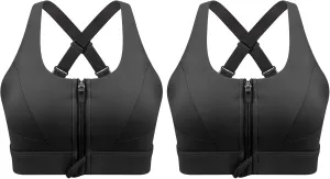 Cordaw Zip Front Sports Bra Adjustable Straps High Support Medium Impact Zipper Front Hook Running Bra Crisscross Padded
