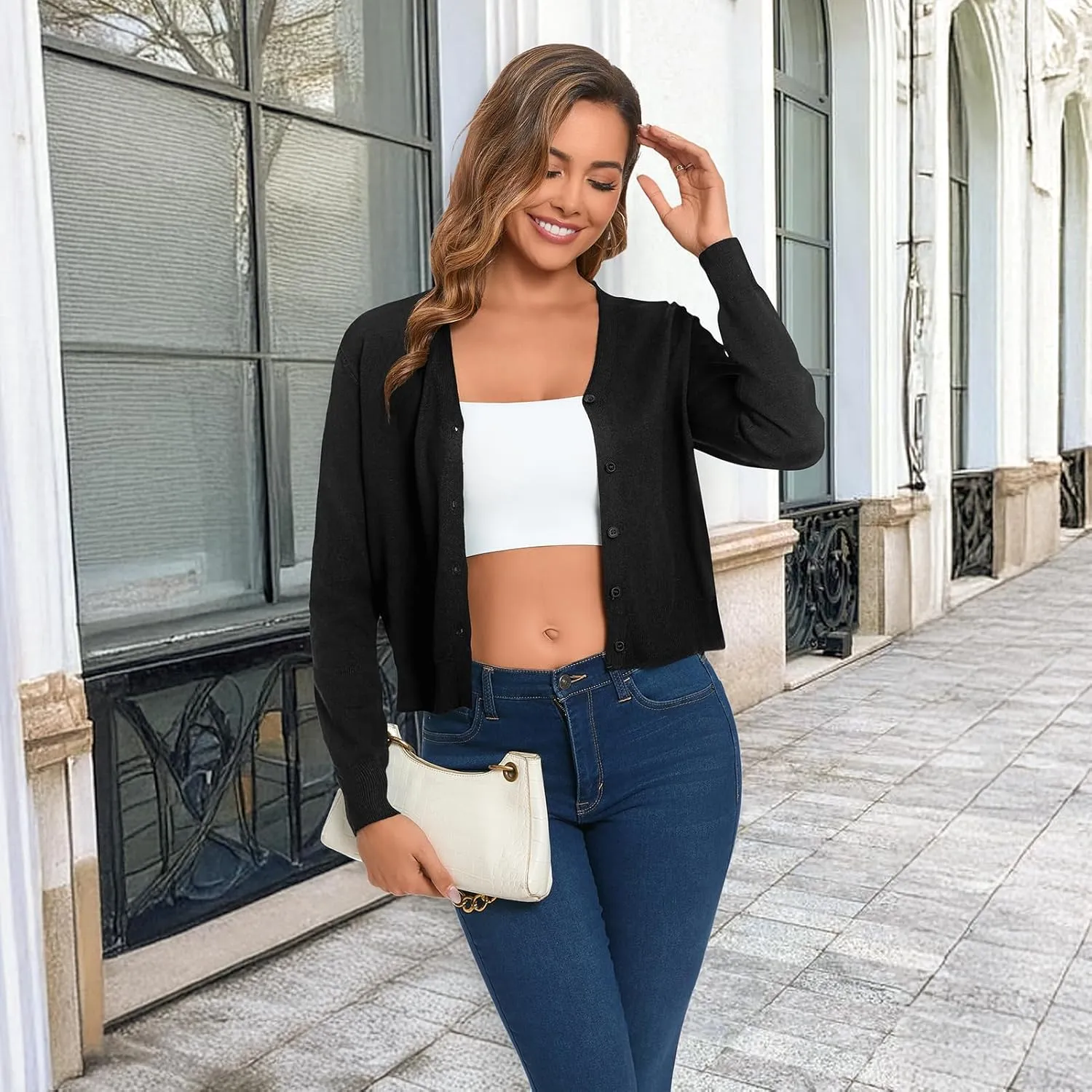 Cropped Cardigan Sweaters for Women Long Sleeve Button Down Open Front Bolero Shrugs for Dresses, S-XL