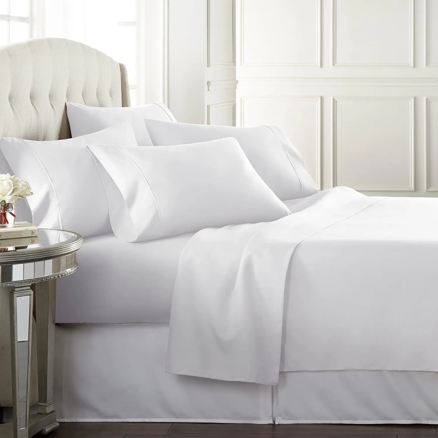 Danjor Linens King Sheet Set 6 Piece Hotel Quality Bed Sheet w/ 4 Pillowcases - Microfiber Sheet Sets with Deep Pockets, Breathable Cooling Wrinkle Free, Machine Washable for King Size Bed, White