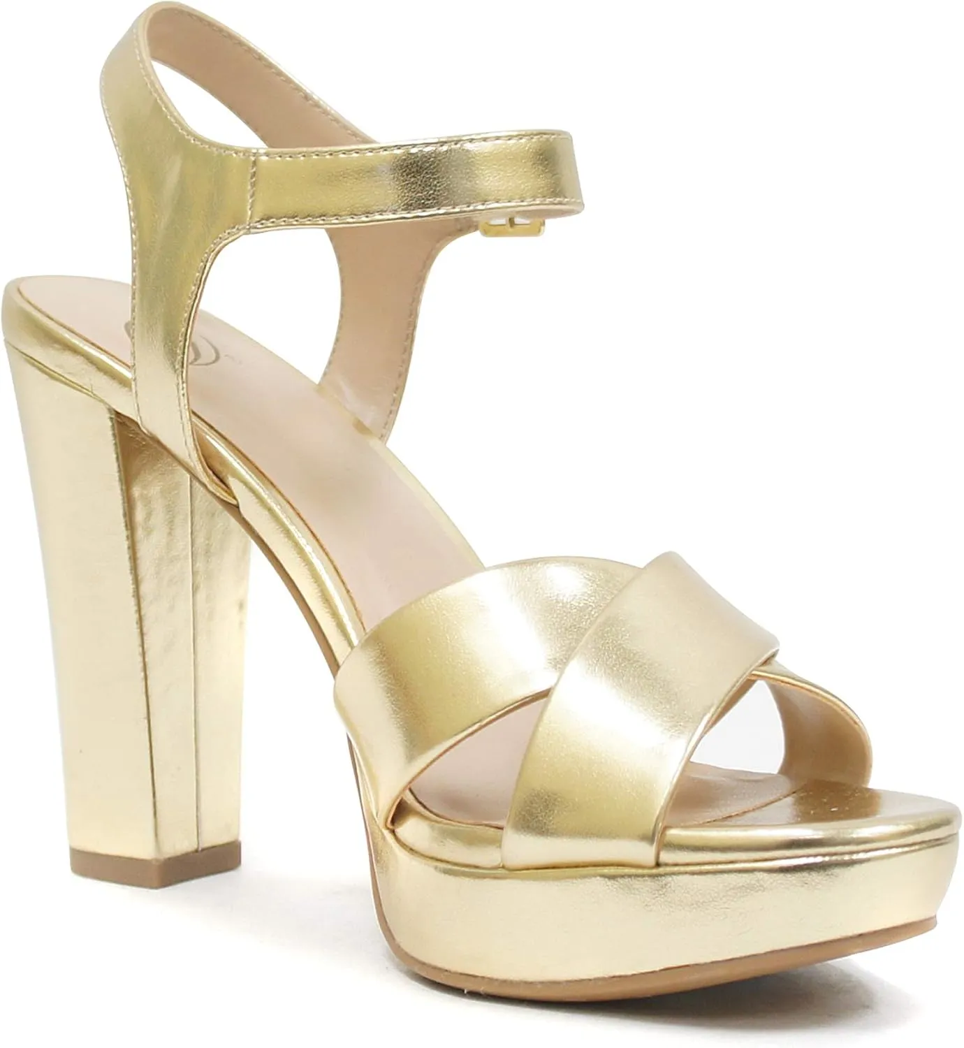 Delicious Style Keeper ~ Cross Band with Ankle Strap Buckle Block High Heel Fashion Sandals