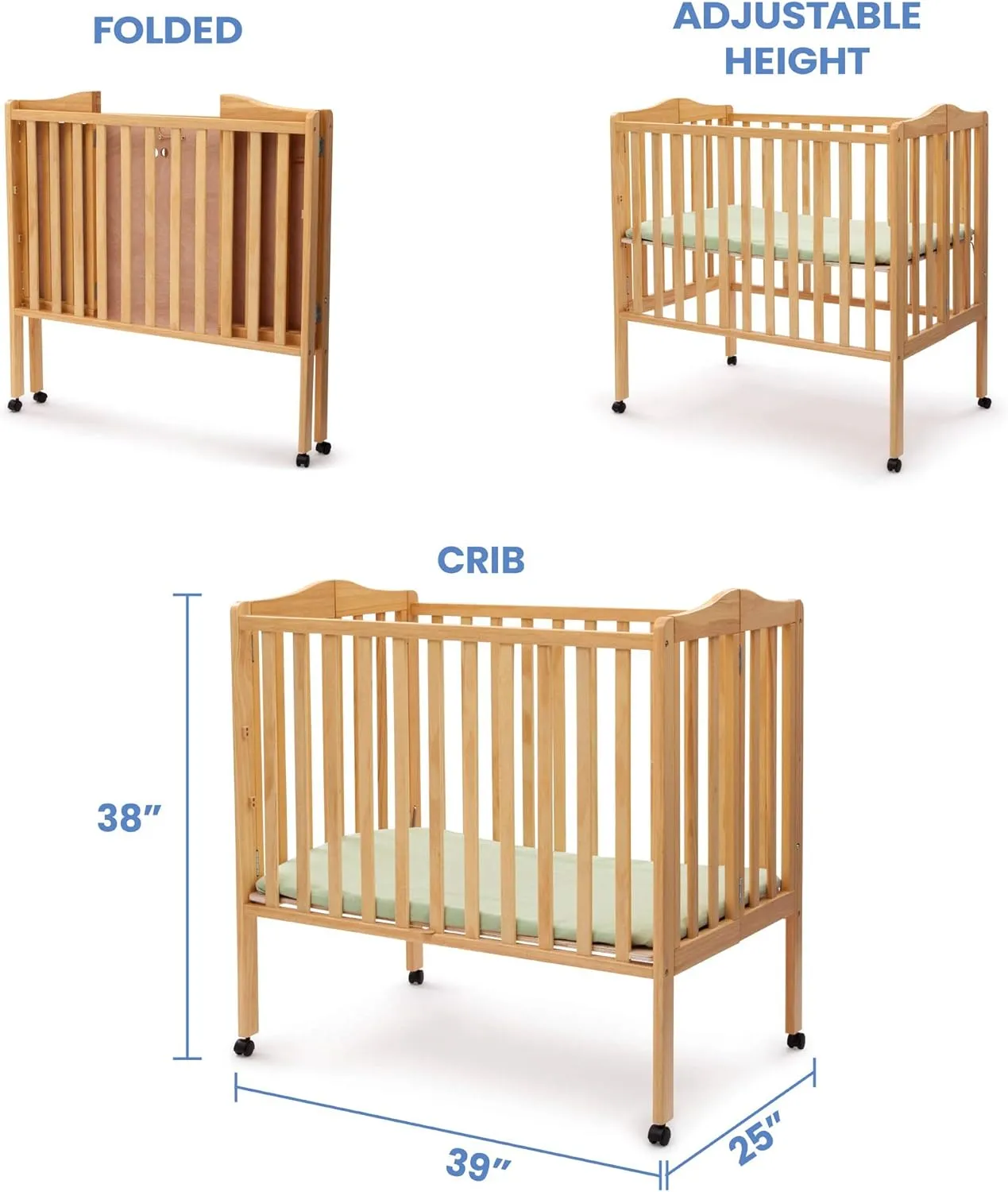 Delta Children Folding Portable Mini Baby Crib with 1.5-inch Mattress - Greenguard Gold Certified, Natural