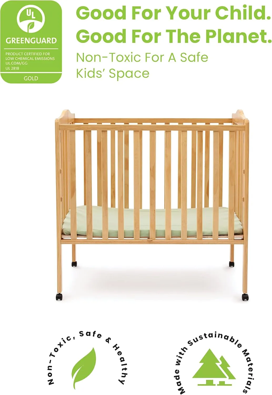 Delta Children Folding Portable Mini Baby Crib with 1.5-inch Mattress - Greenguard Gold Certified, Natural