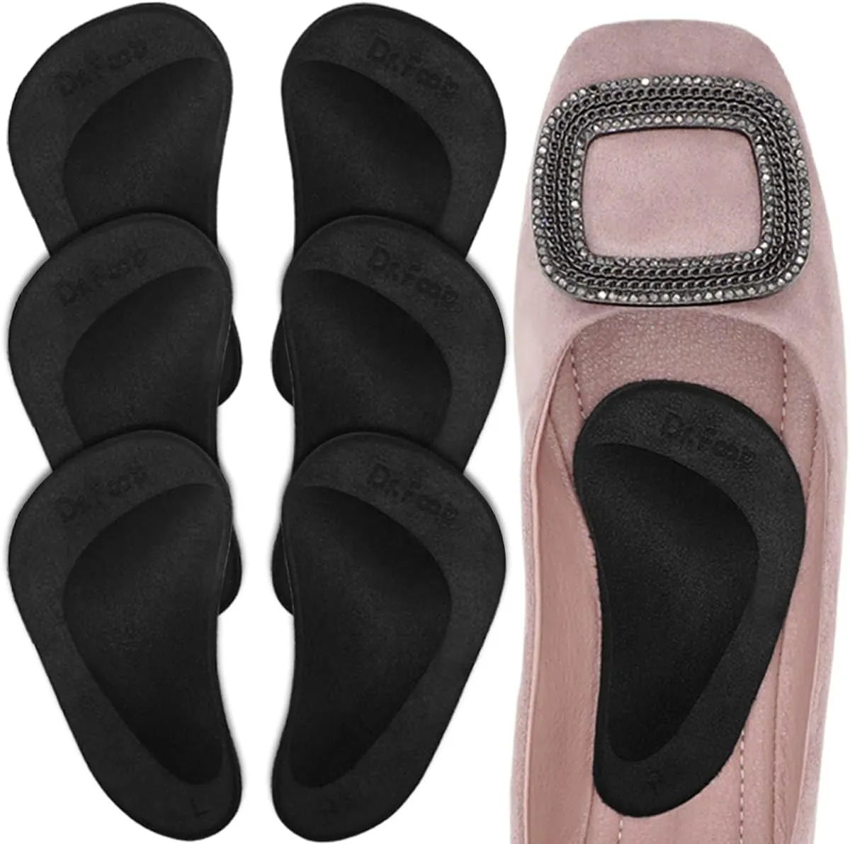 Dr. Foot's Arch Support Shoe Insoles for Flat Feet, Gel Arch Inserts for Plantar Fasciitis, Adhesive Arch Pad for Relieve Pressure and Feet Pain- 3 Pairs (Black, 3 Count (Pack of 1))