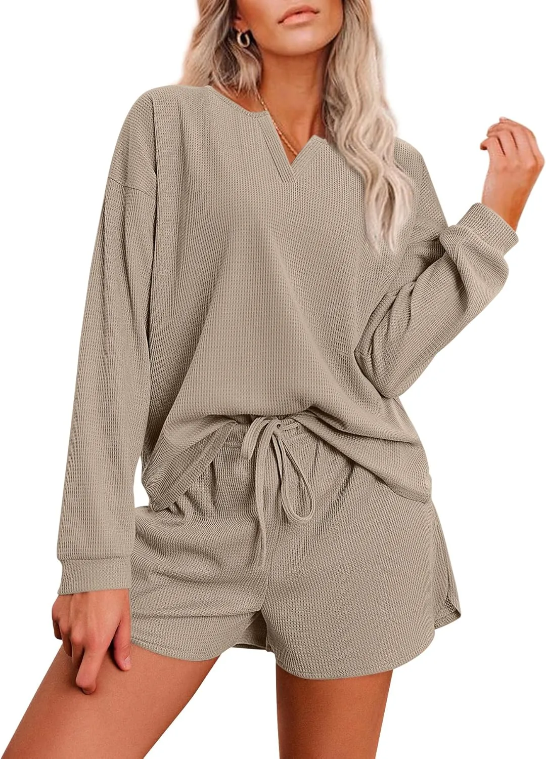 Ekouaer Pajama Set for Women Waffle Knit Lounge Sets Long Sleeve Top and Shorts Sleepwear Matching Loungewear S-XXL