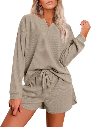 Ekouaer Pajama Set for Women Waffle Knit Lounge Sets Long Sleeve Top and Shorts Sleepwear Matching Loungewear S-XXL
