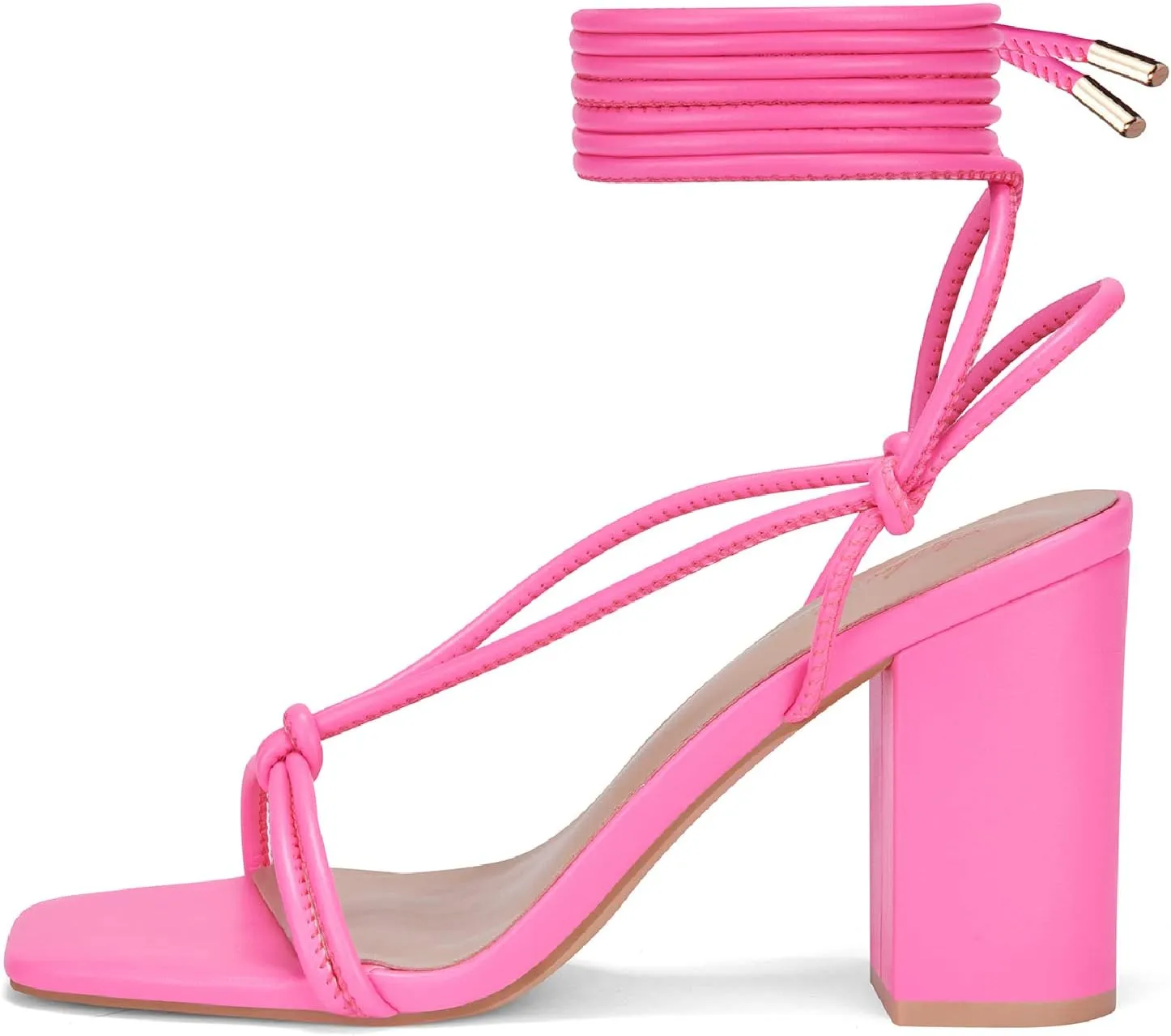 Elisabet Tang Women's Strappy Chunky Heels Sandals, 3 inch Low Block Heels Lace Up Ankle Wrap Heels Square Open Toe Tie Up Heeled Sandals Shoes