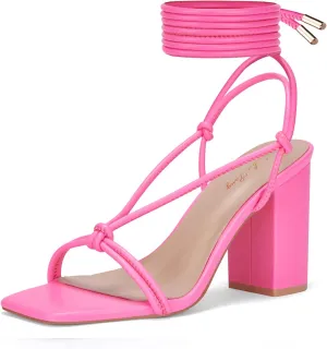 Elisabet Tang Women's Strappy Chunky Heels Sandals, 3 inch Low Block Heels Lace Up Ankle Wrap Heels Square Open Toe Tie Up Heeled Sandals Shoes