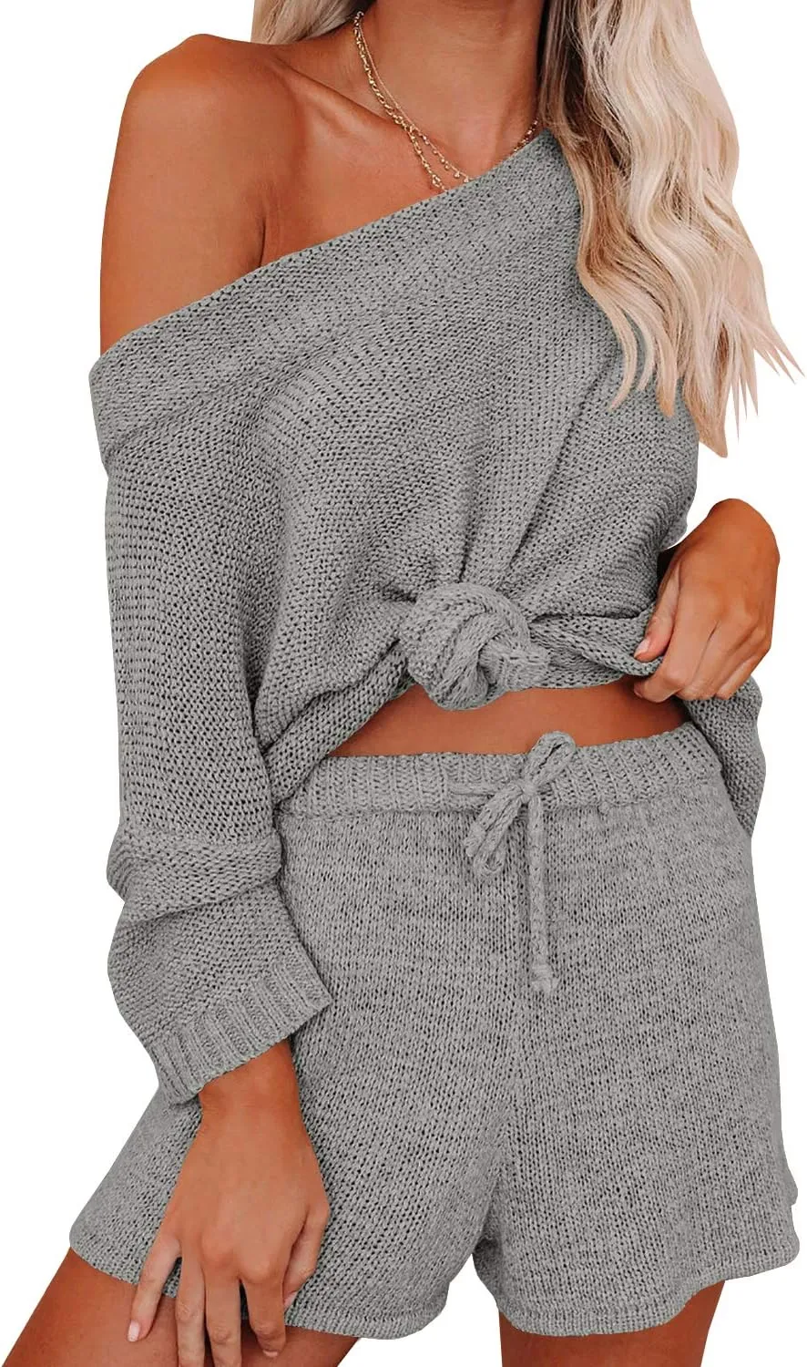 Ermonn Womens 2 Piece Outfits Sweater Sets Off Shoulder Knit Tops Waist Short Suits Casual Pajama Set