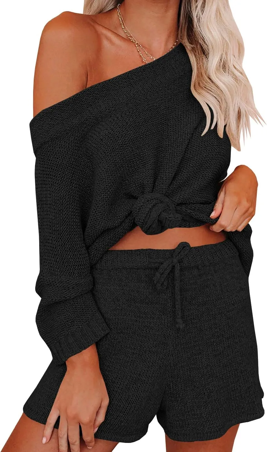 Ermonn Womens 2 Piece Outfits Sweater Sets Off Shoulder Knit Tops Waist Short Suits Casual Pajama Set