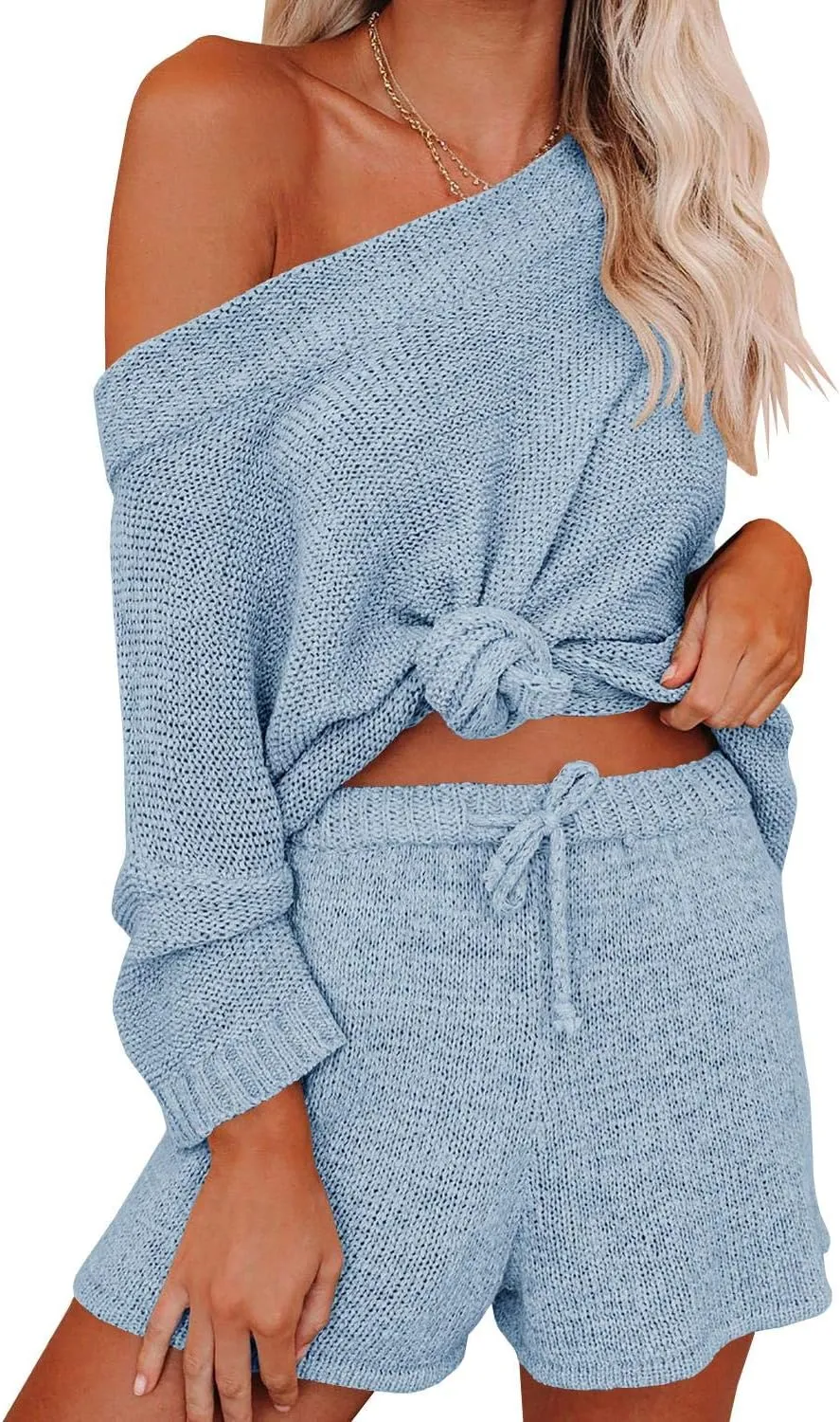 Ermonn Womens 2 Piece Outfits Sweater Sets Off Shoulder Knit Tops Waist Short Suits Casual Pajama Set