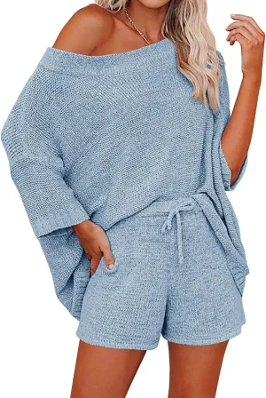 Ermonn Womens 2 Piece Outfits Sweater Sets Off Shoulder Knit Tops Waist Short Suits Casual Pajama Set