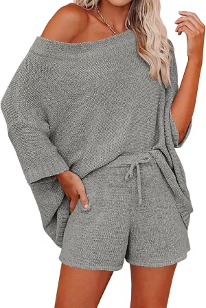 Ermonn Womens 2 Piece Outfits Sweater Sets Off Shoulder Knit Tops Waist Short Suits Casual Pajama Set