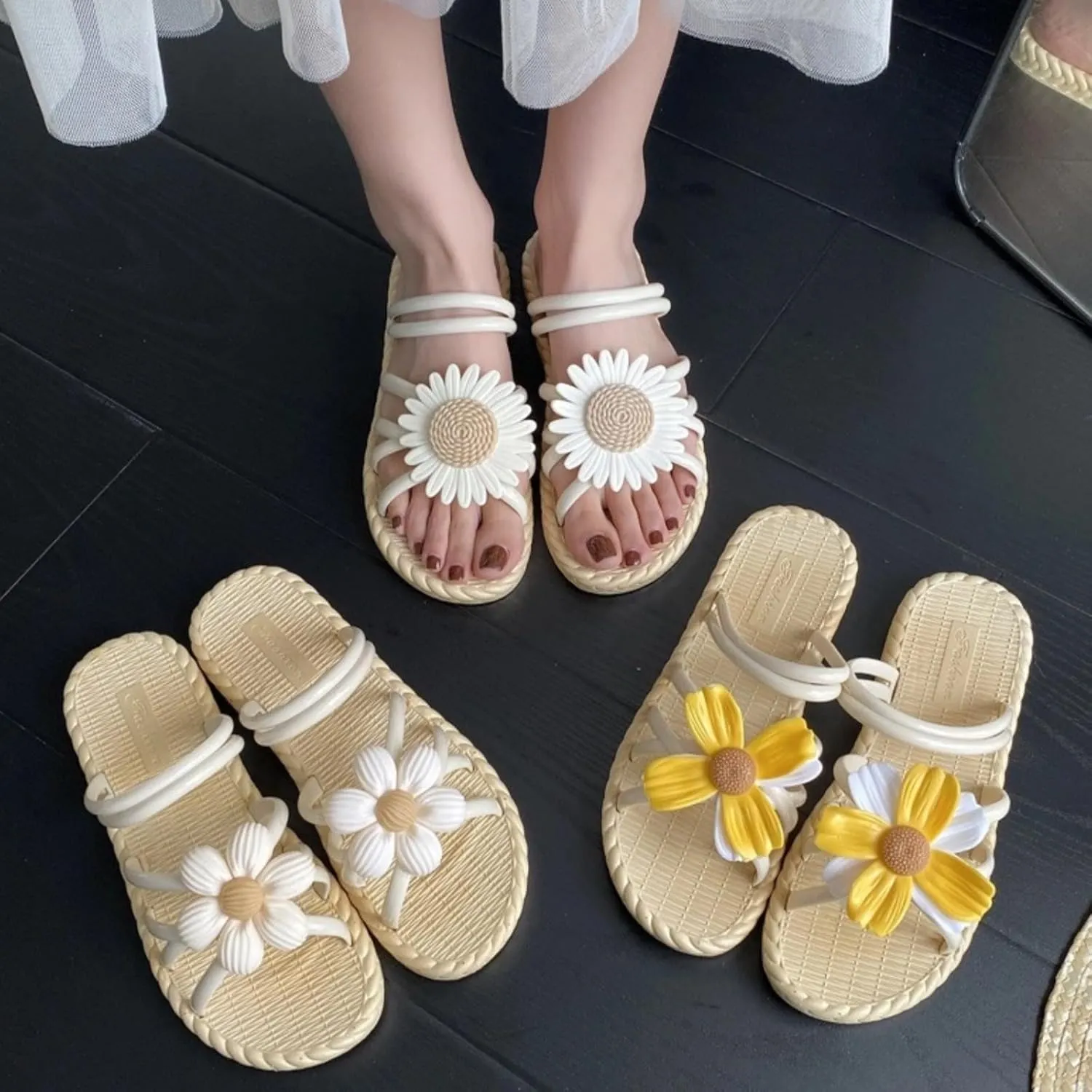 Ethnic Style Woven Slide Sandals for Women Summer Flat Open Toe Casual Beach House Slippers