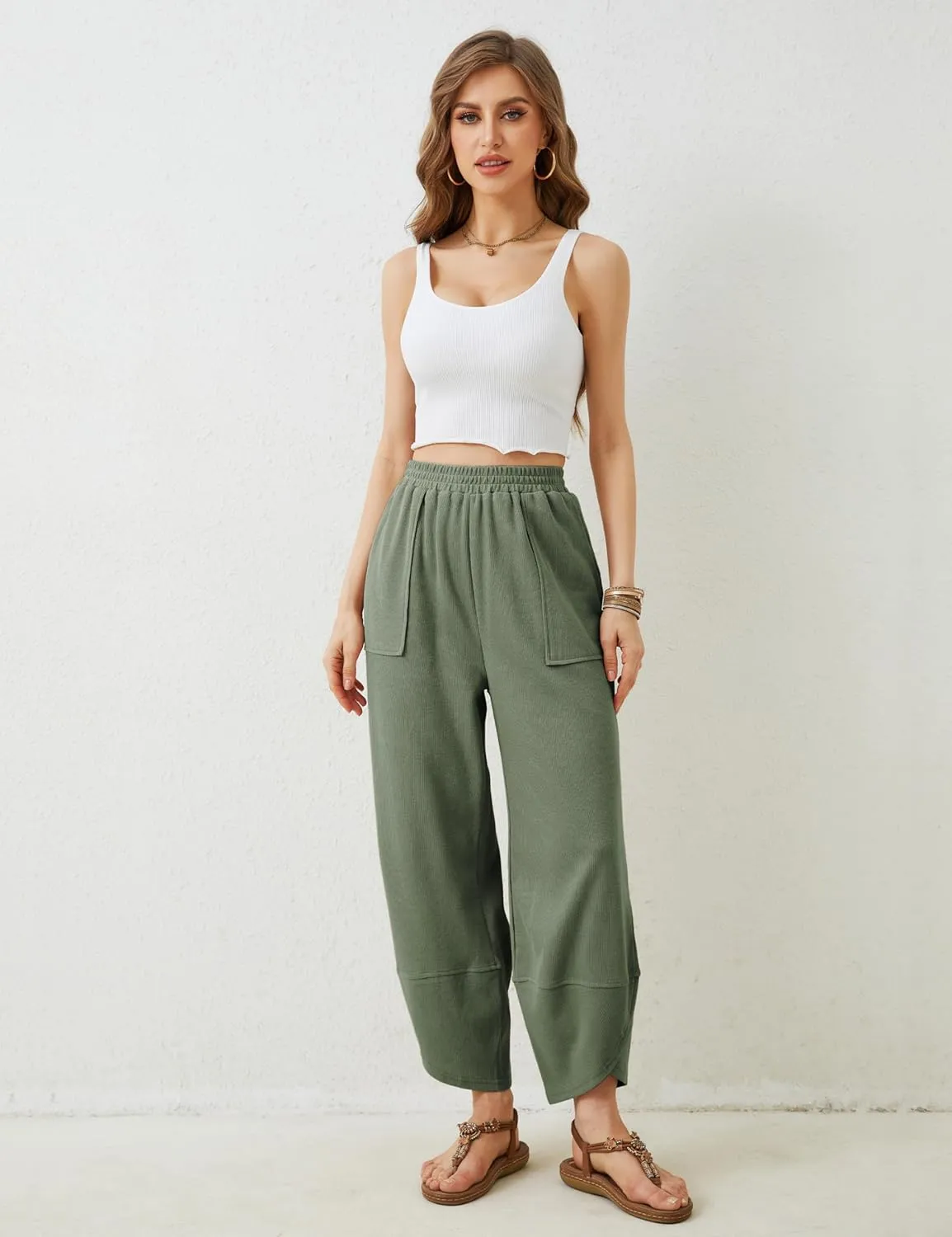 Faleave Women's Baggy Wide Leg Pants Elastic Waisted Casual Comfy Palazzo Harem Pants with Pockets