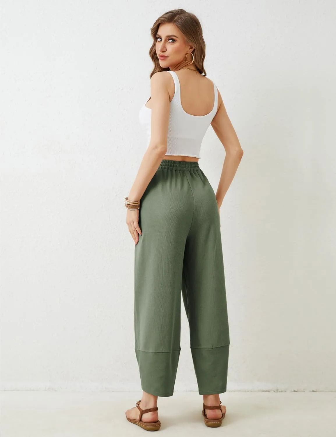 Faleave Women's Baggy Wide Leg Pants Elastic Waisted Casual Comfy Palazzo Harem Pants with Pockets