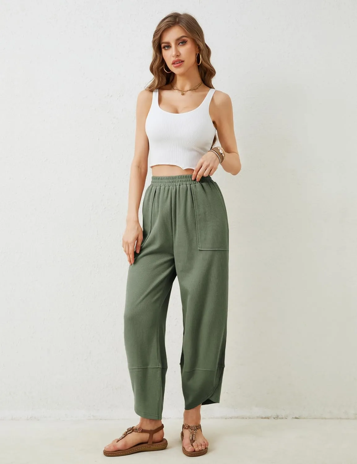 Faleave Women's Baggy Wide Leg Pants Elastic Waisted Casual Comfy Palazzo Harem Pants with Pockets