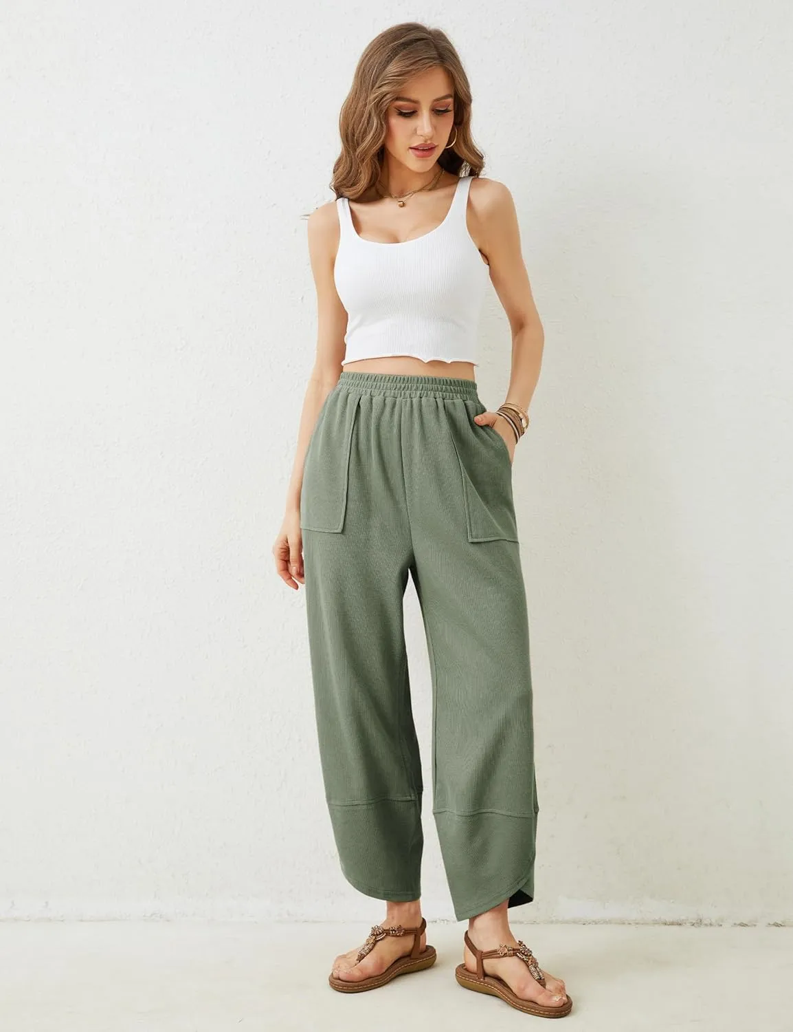 Faleave Women's Baggy Wide Leg Pants Elastic Waisted Casual Comfy Palazzo Harem Pants with Pockets