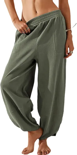 Faleave Women's Baggy Wide Leg Pants Elastic Waisted Casual Comfy Palazzo Harem Pants with Pockets