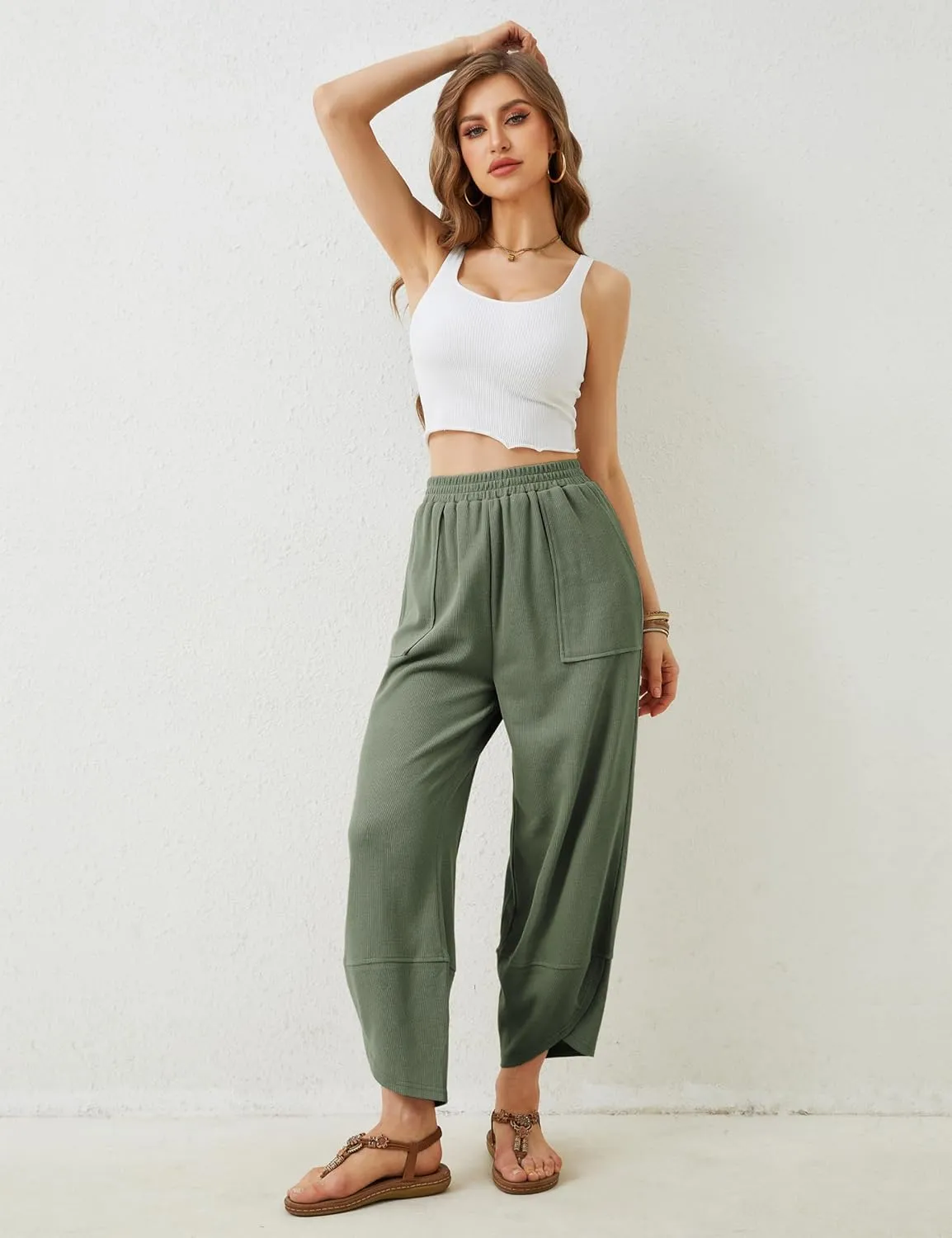 Faleave Women's Baggy Wide Leg Pants Elastic Waisted Casual Comfy Palazzo Harem Pants with Pockets