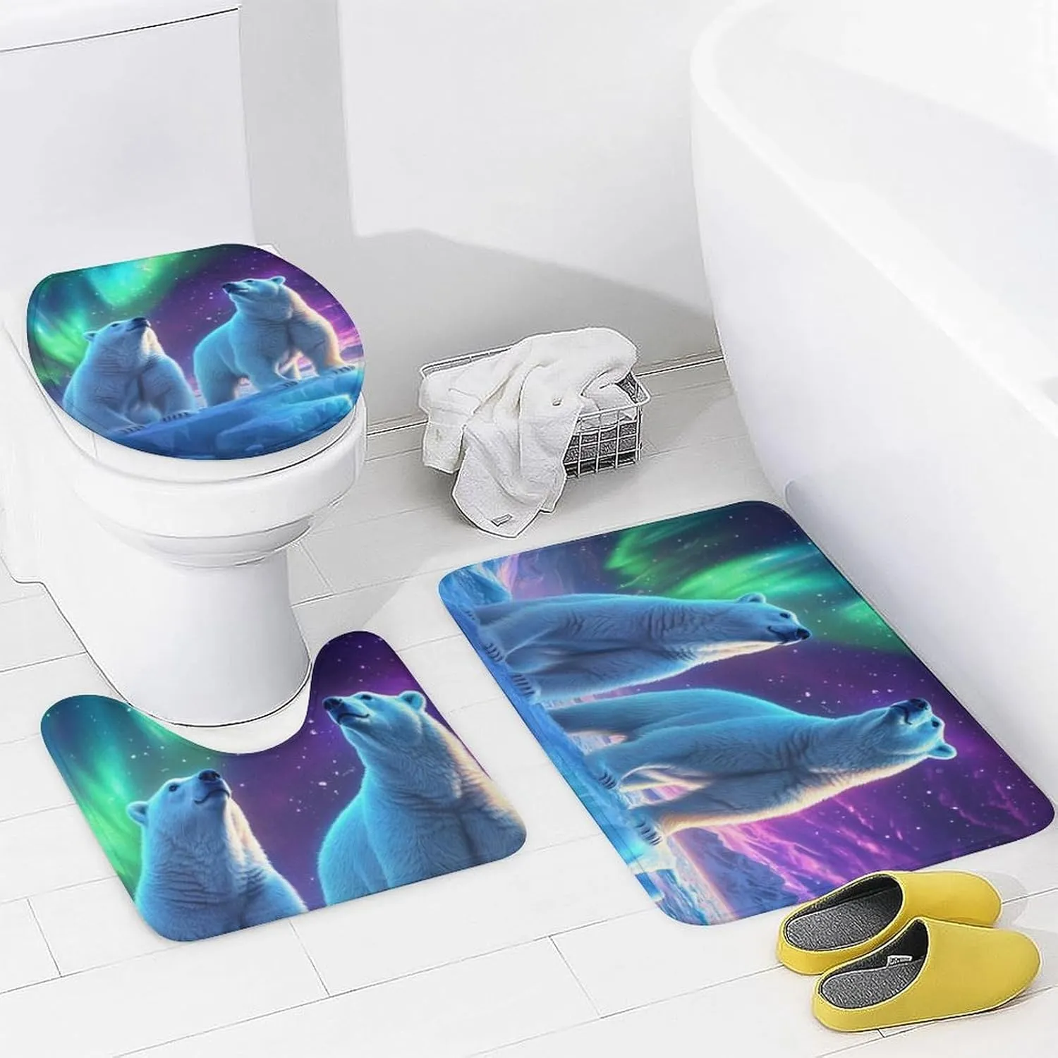 Fantasy Northern Lights 4 Pcs Shower Curtain Set, Non Slip Rug Toilet Lid Cover Bath Mat, Polar Bear Ice Field Scenery Bathroom Shower Decor Set Accessory, 72 x 72 Inch