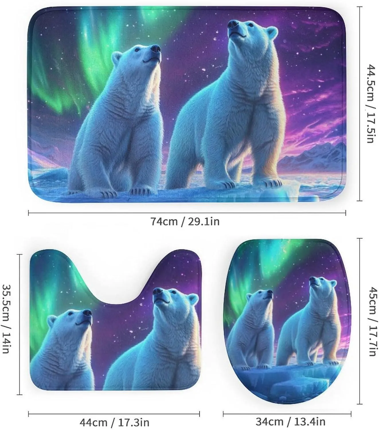 Fantasy Northern Lights 4 Pcs Shower Curtain Set, Non Slip Rug Toilet Lid Cover Bath Mat, Polar Bear Ice Field Scenery Bathroom Shower Decor Set Accessory, 72 x 72 Inch
