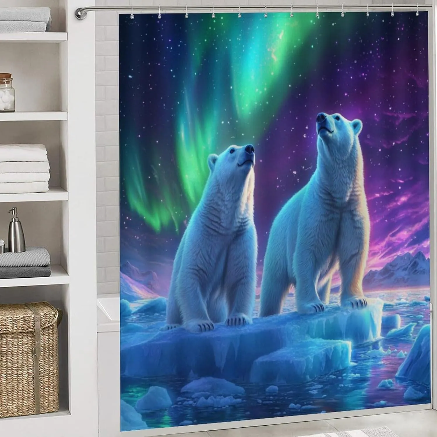 Fantasy Northern Lights 4 Pcs Shower Curtain Set, Non Slip Rug Toilet Lid Cover Bath Mat, Polar Bear Ice Field Scenery Bathroom Shower Decor Set Accessory, 72 x 72 Inch