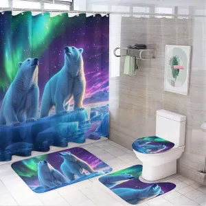 Fantasy Northern Lights 4 Pcs Shower Curtain Set, Non Slip Rug Toilet Lid Cover Bath Mat, Polar Bear Ice Field Scenery Bathroom Shower Decor Set Accessory, 72 x 72 Inch