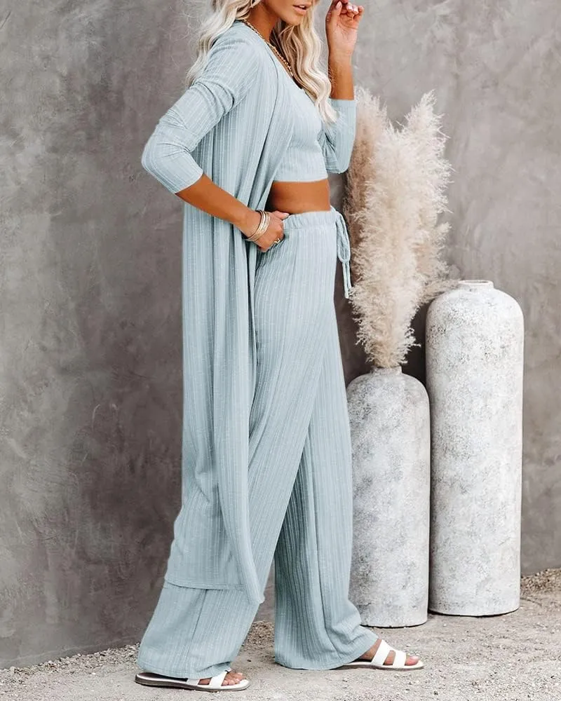 Fessceruna Womens 3 Piece Lounge Sets Pajamas Knit Long Sleeve Cardigan Crop Top Wide Leg Pants Loungewear Set