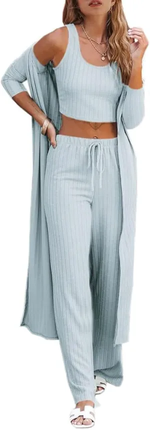 Fessceruna Womens 3 Piece Lounge Sets Pajamas Knit Long Sleeve Cardigan Crop Top Wide Leg Pants Loungewear Set