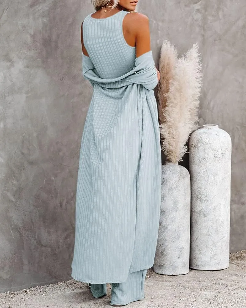 Fessceruna Womens 3 Piece Lounge Sets Pajamas Knit Long Sleeve Cardigan Crop Top Wide Leg Pants Loungewear Set