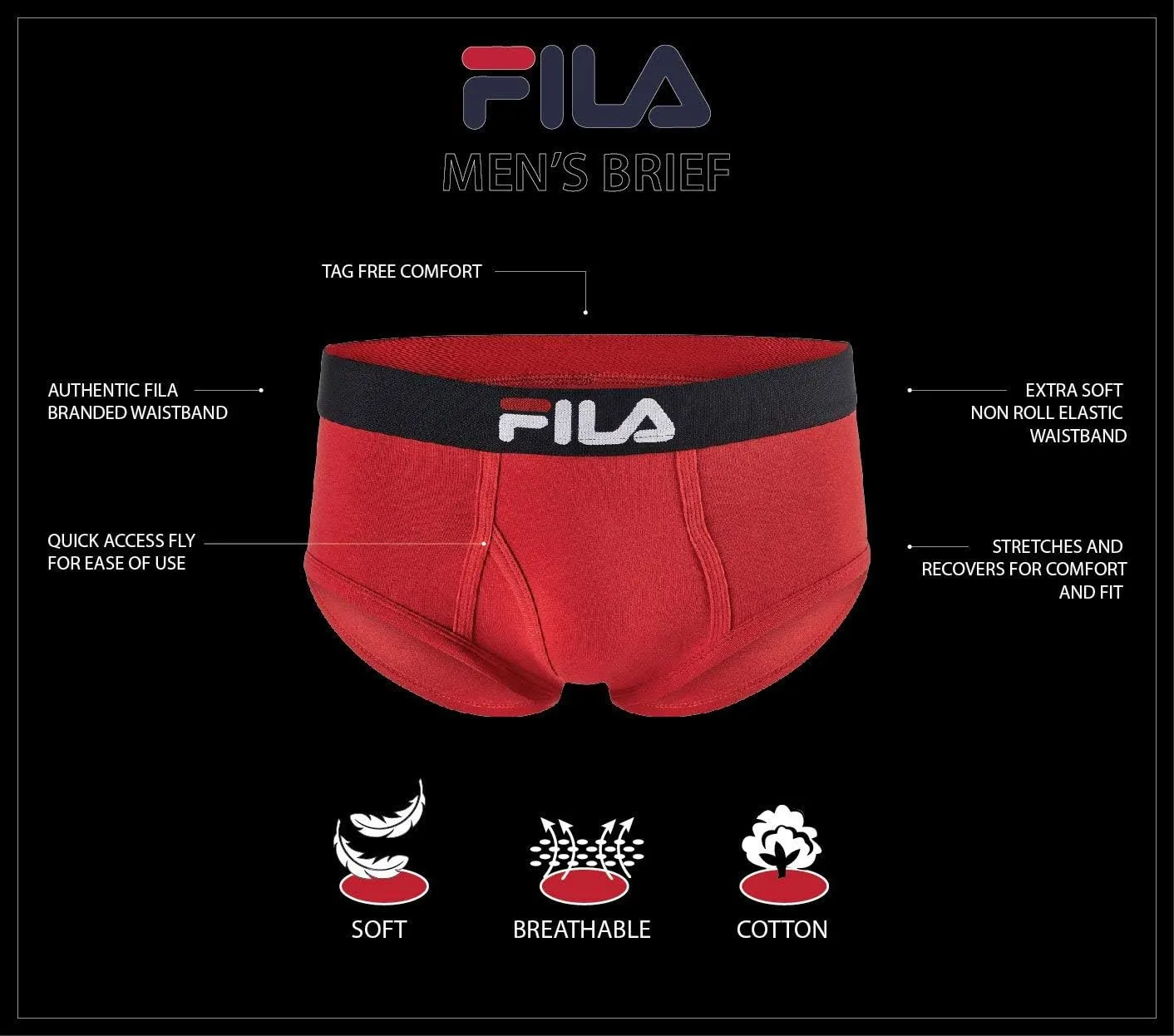 Fila Men's Regular Rise Brief Fly Front with Pouch, 4-Pack of Tagless Underwear