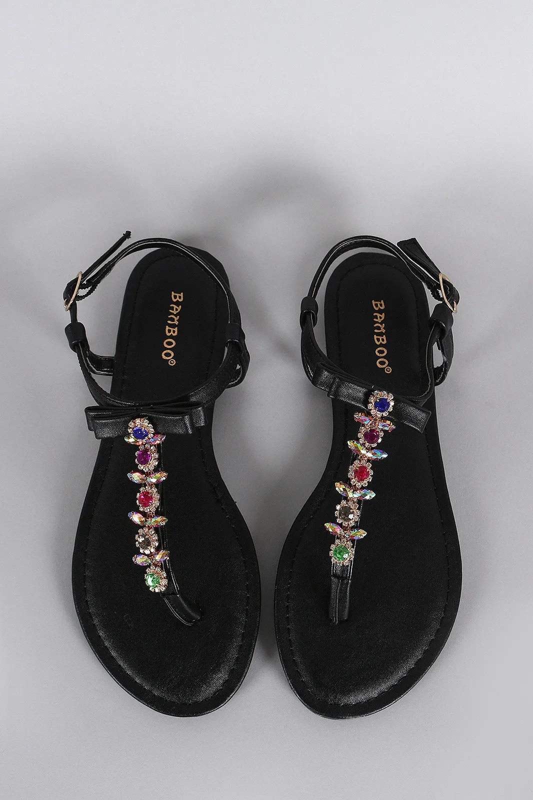 Flat Bamboo High-trust Jeweled Exclusive collection Bow Sandal T-Strap