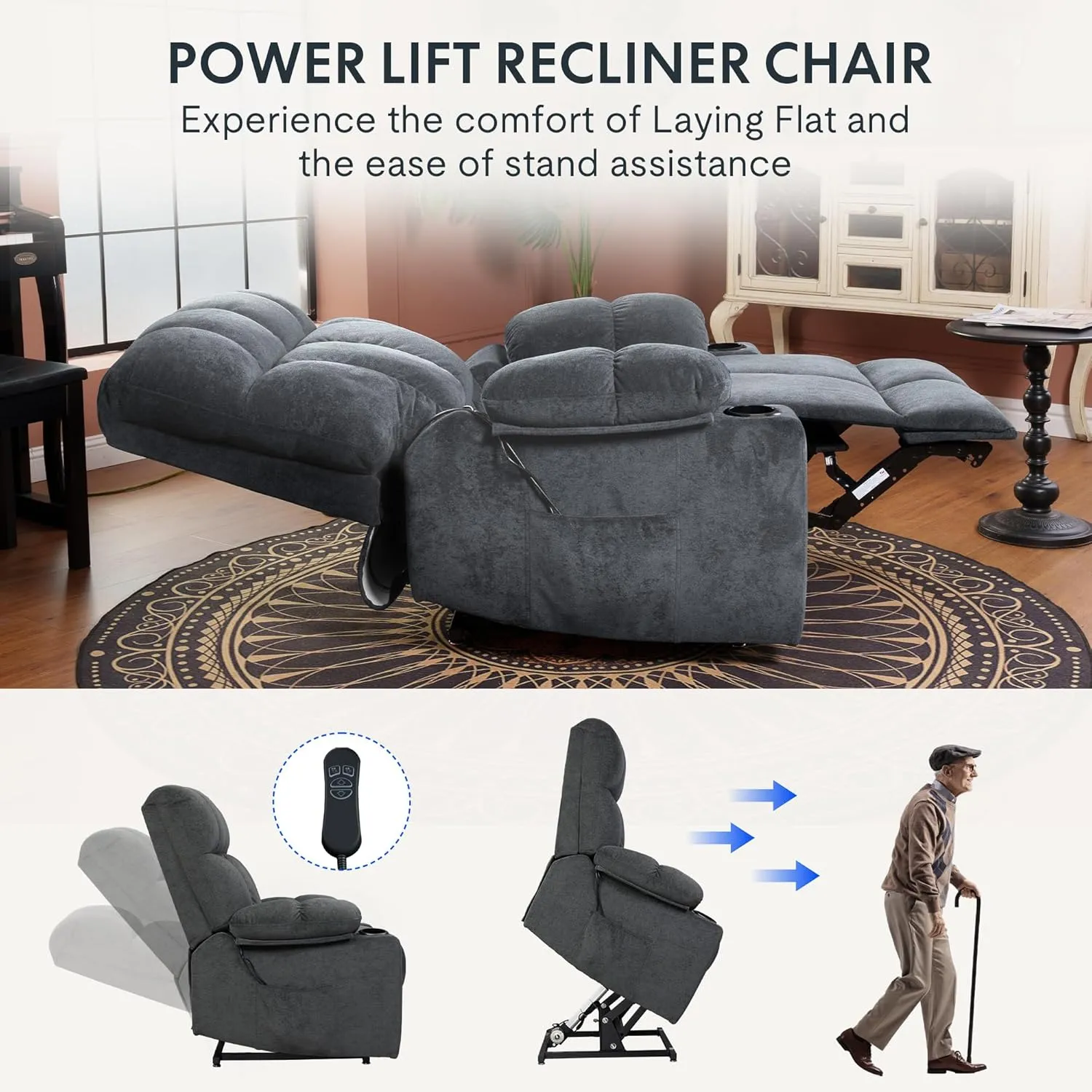 FLEXISPOT XL5 Dual OKIN Motor Power Lift Recliner Chair for Elderly, Lay Flat Electric Recliner with Massage & Heat, USB Ports, Fabric Reclining Sofa for Living Room Bedroom, Grey