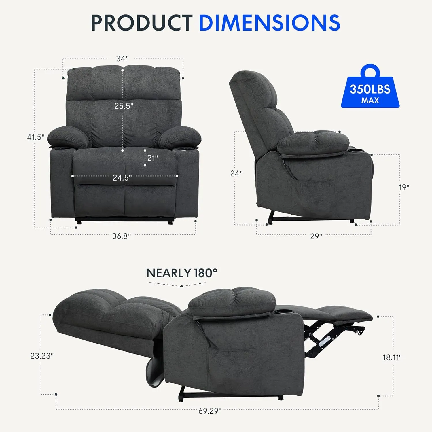 FLEXISPOT XL5 Dual OKIN Motor Power Lift Recliner Chair for Elderly, Lay Flat Electric Recliner with Massage & Heat, USB Ports, Fabric Reclining Sofa for Living Room Bedroom, Grey