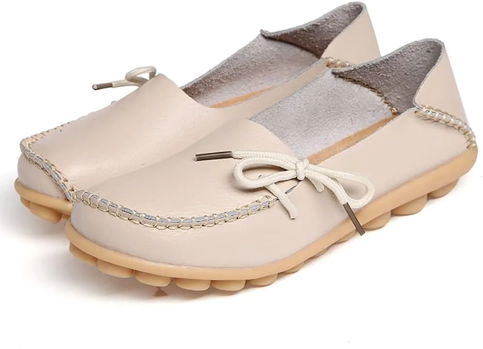 FolHaoth Loafers for Women Leather Slip On Walking Moccasins Shoes Comfortable Dress Outdoor Womens Casual Flat Shoes Nurse Working Driving Shoes Loafers