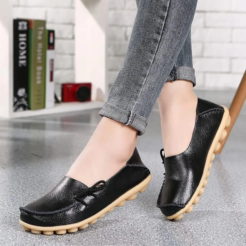 FolHaoth Loafers for Women Leather Slip On Walking Moccasins Shoes Comfortable Dress Outdoor Womens Casual Flat Shoes Nurse Working Driving Shoes Loafers