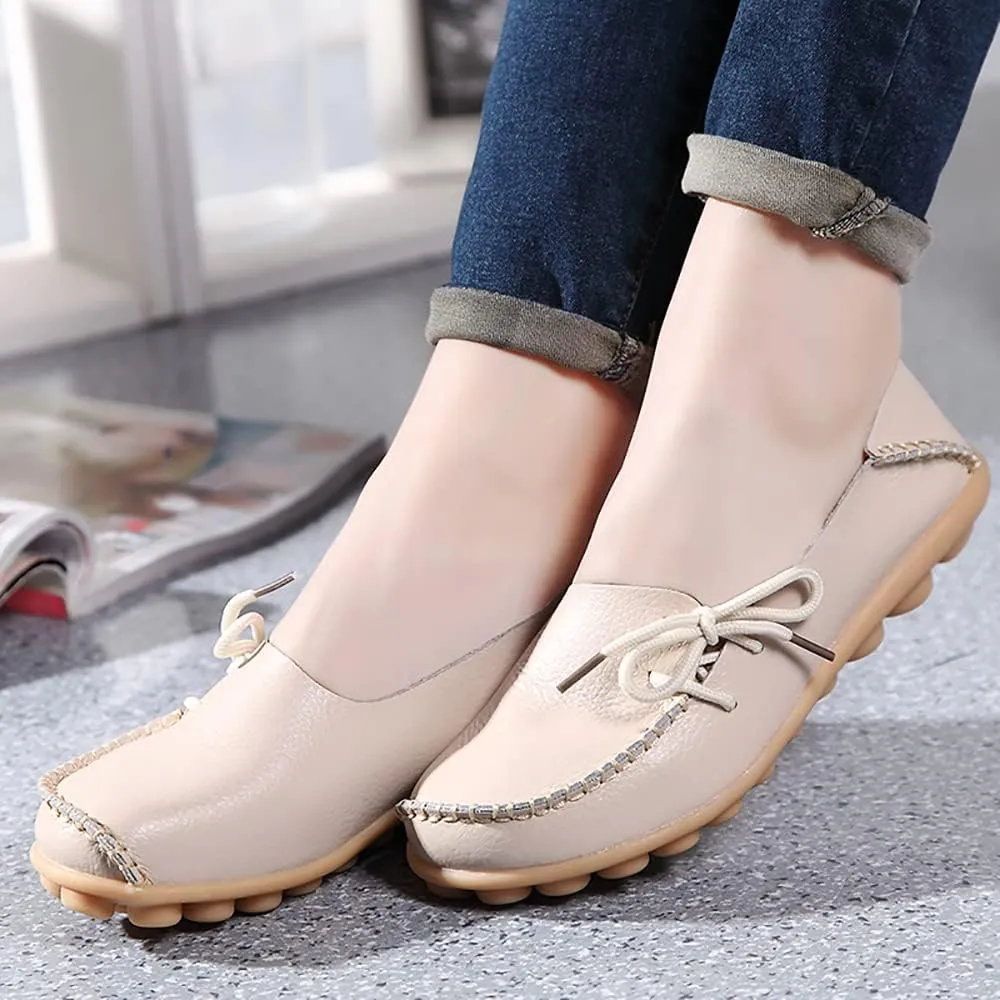 FolHaoth Loafers for Women Leather Slip On Walking Moccasins Shoes Comfortable Dress Outdoor Womens Casual Flat Shoes Nurse Working Driving Shoes Loafers