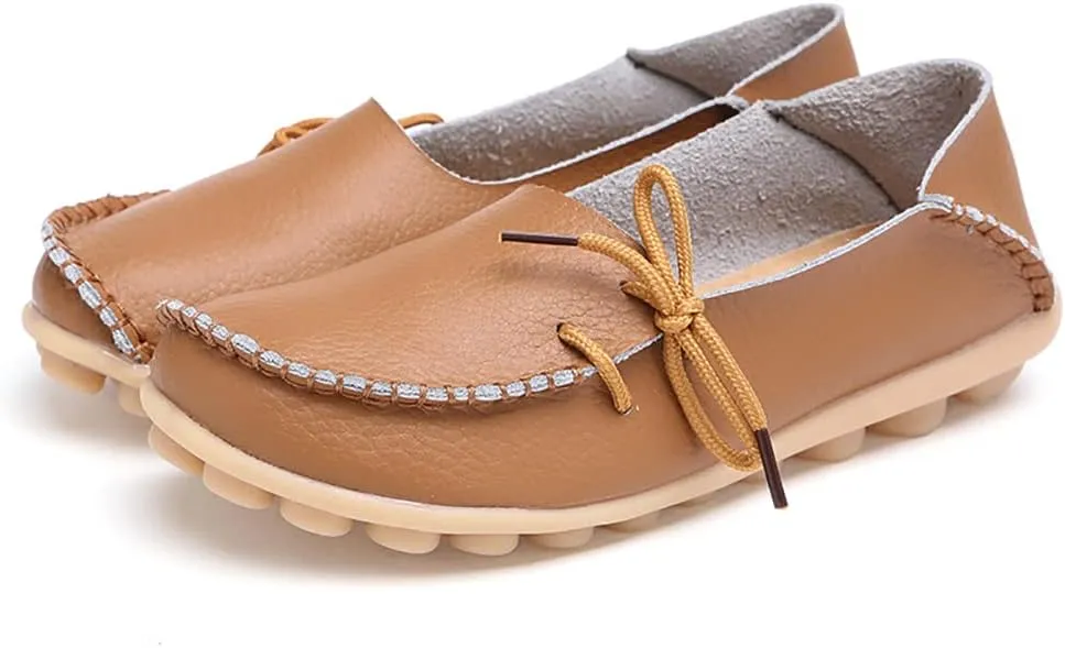 FolHaoth Loafers for Women Leather Slip On Walking Moccasins Shoes Comfortable Dress Outdoor Womens Casual Flat Shoes Nurse Working Driving Shoes Loafers