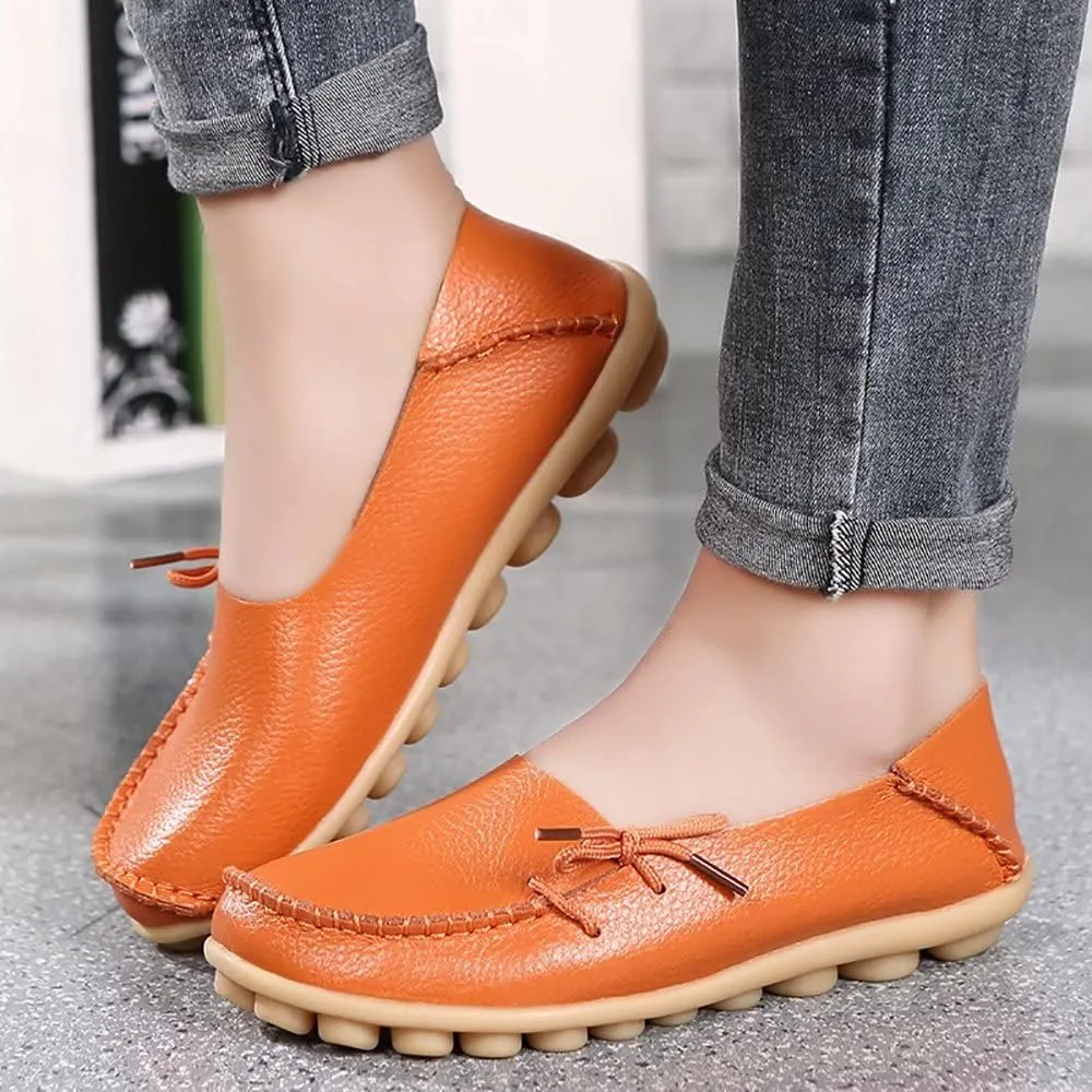 FolHaoth Loafers for Women Leather Slip On Walking Moccasins Shoes Comfortable Dress Outdoor Womens Casual Flat Shoes Nurse Working Driving Shoes Loafers