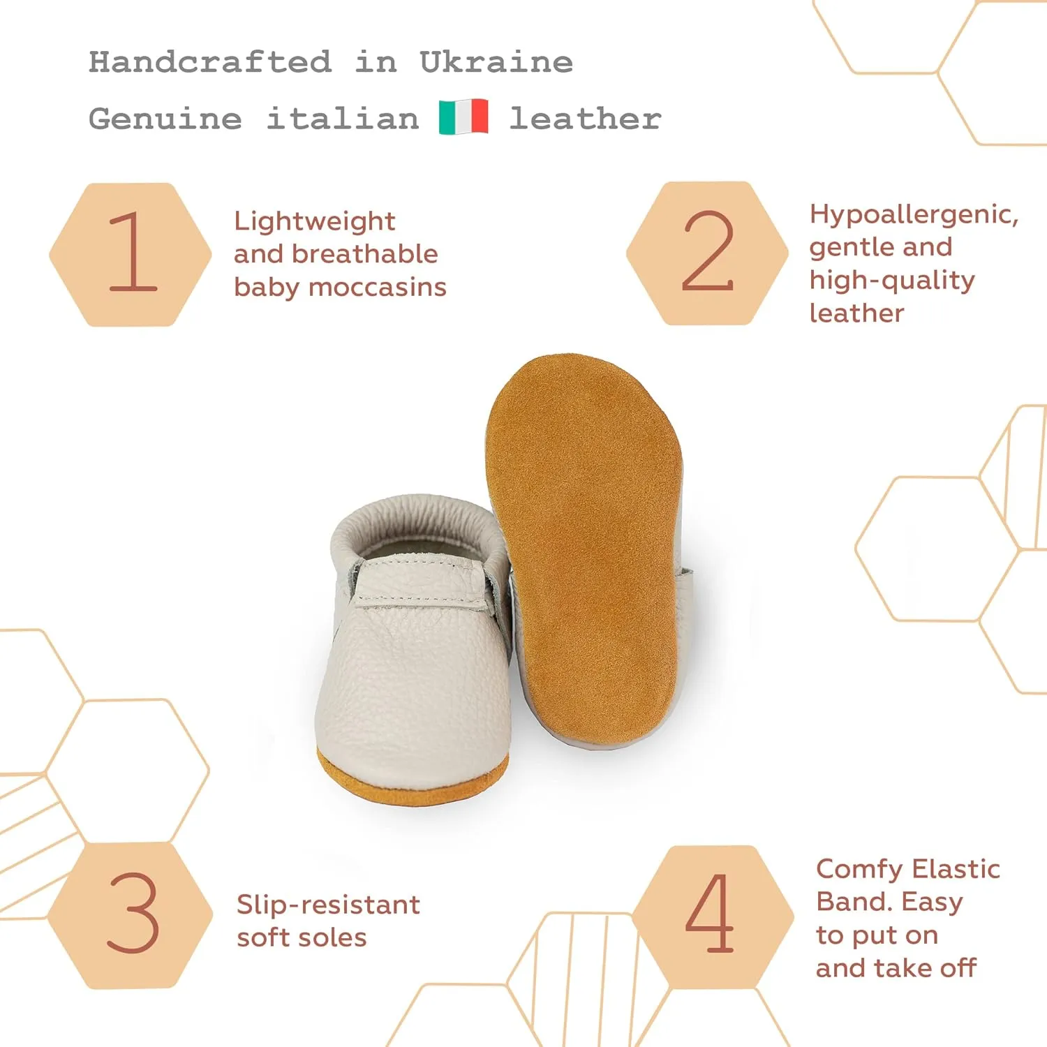 Fringeless Baby Moccasins with Non-Slip Suede Sole - Genuine Italian Leather, Boys and Girls Shoes for Newborns, Babies, Infants, Toddlers