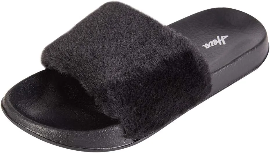 FUNKYMONKEY Women's Slides Faux Fur Cute Fuzzy Slippers Comfort Flat Sandals