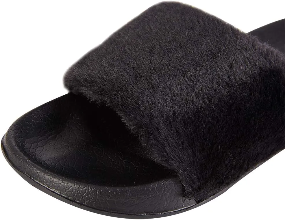 FUNKYMONKEY Women's Slides Faux Fur Cute Fuzzy Slippers Comfort Flat Sandals