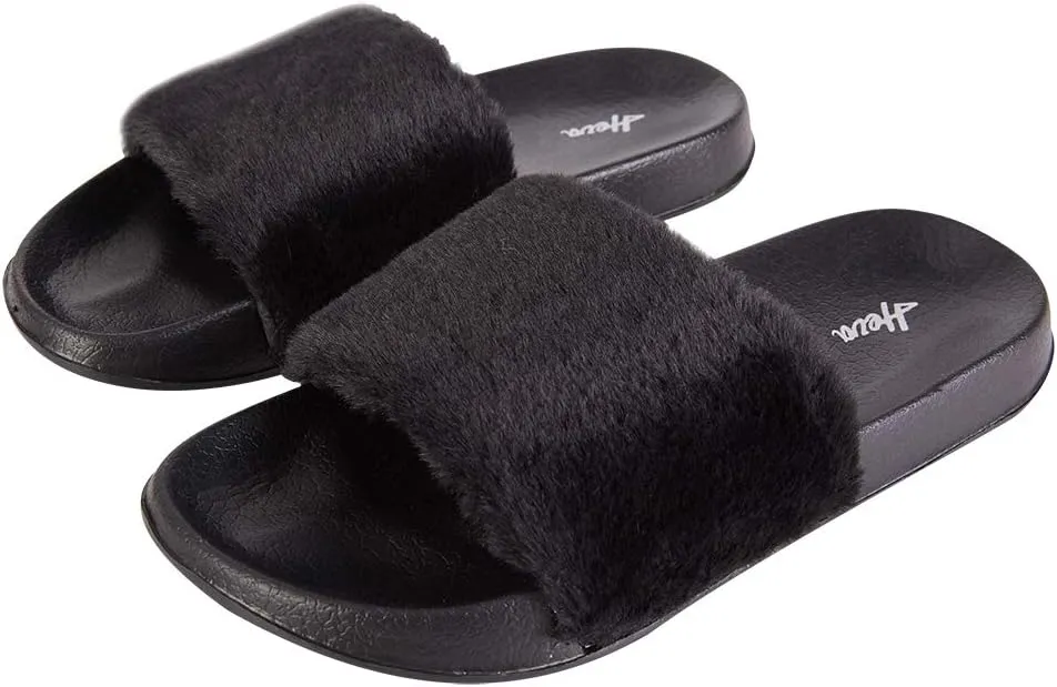 FUNKYMONKEY Women's Slides Faux Fur Cute Fuzzy Slippers Comfort Flat Sandals