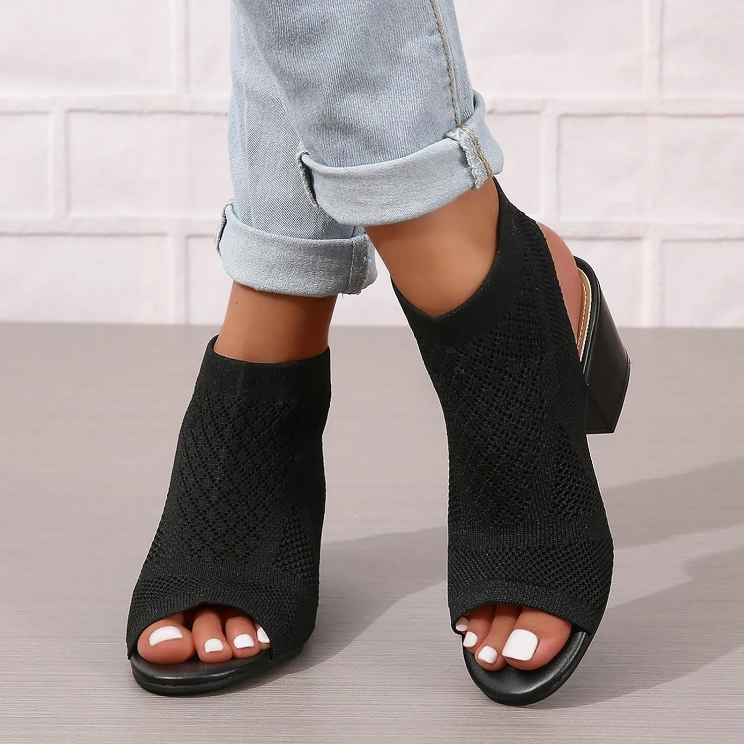 Generic Women's Knit Chunky Block High Heels Sandals Slingback Cut Out Peep Toe Chunky Stacked Heel Ankle Booties